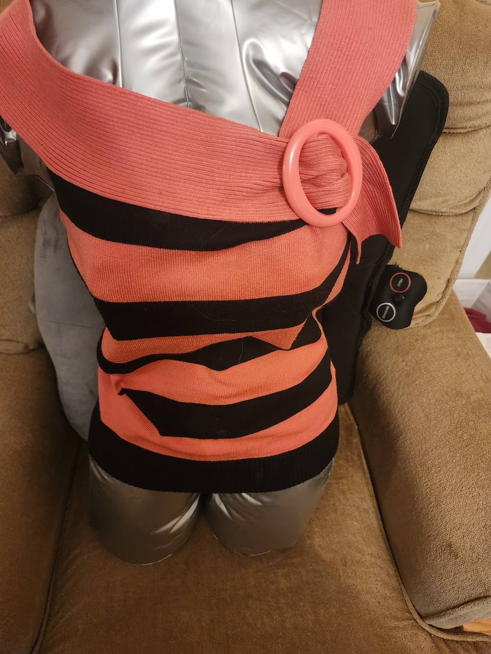 Coral and Black Striped Shoulder Bag with Decorative Ring Accent - Picture 2 of 2